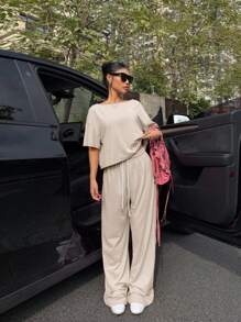 Short Sleeve Oblique Shoulder T-Shirt And Pant Set