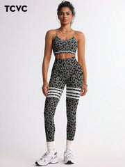 Seamless Knitted High Elastic Sports Leopard Pattern Bra And Pants Set
