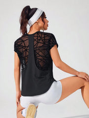 See Through Flocked Mesh Patchwork Short Sleeve Sports T-Shirt