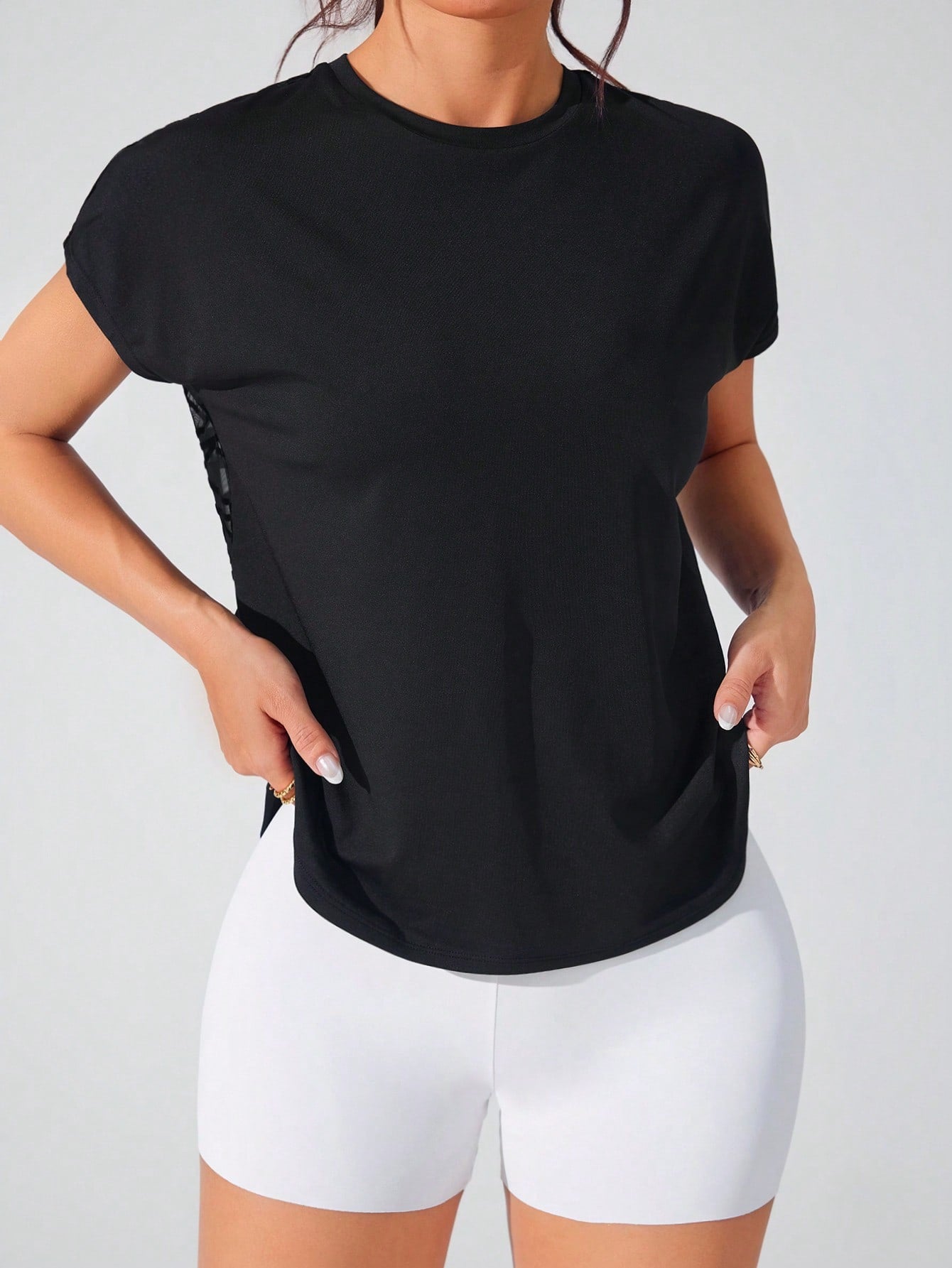 See Through Flocked Mesh Patchwork Short Sleeve Sports T-Shirt