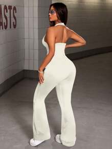 Hollow Out Side Tie Waist Flare Leg Denim Jumpsuit