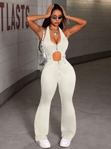 Hollow Out Side Tie Waist Flare Leg Denim Jumpsuit