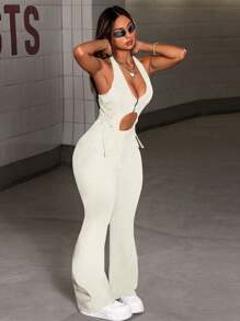 Hollow Out Side Tie Waist Flare Leg Denim Jumpsuit