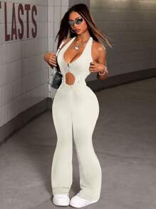 Hollow Out Side Tie Waist Flare Leg Denim Jumpsuit