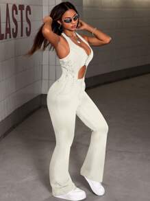 Hollow Out Side Tie Waist Flare Leg Denim Jumpsuit