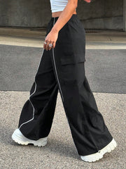 Elastic Waist Contrast Trim Wide Leg Cargo Pants