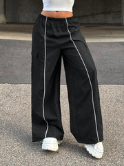 Elastic Waist Contrast Trim Wide Leg Cargo Pants