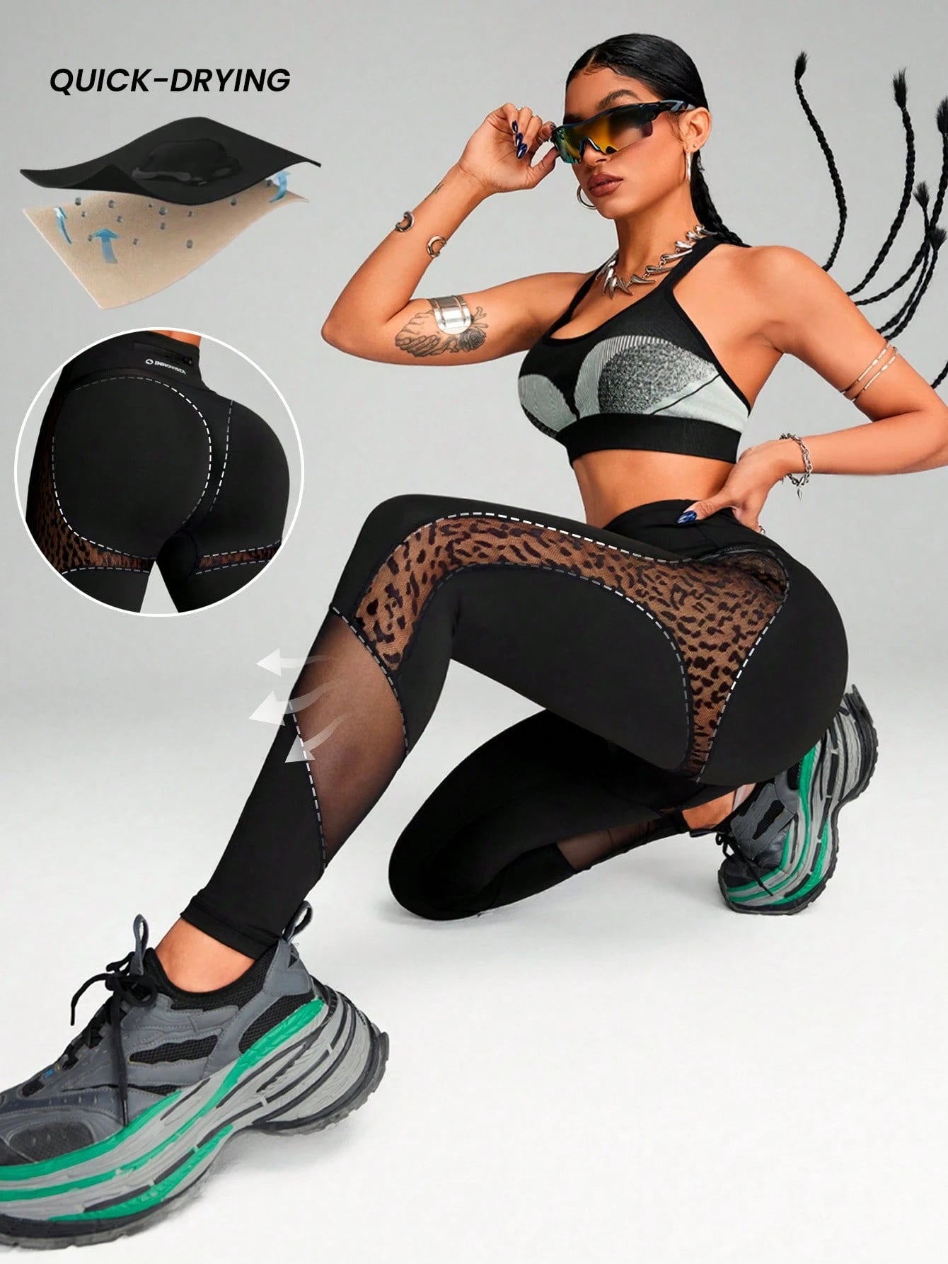 Breathable Leopard Mesh Cut Out & High Elastic Waist Sports Leggings 