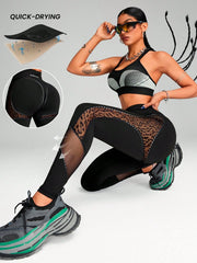 Breathable Leopard Mesh Cut Out & High Elastic Waist Sports Leggings 