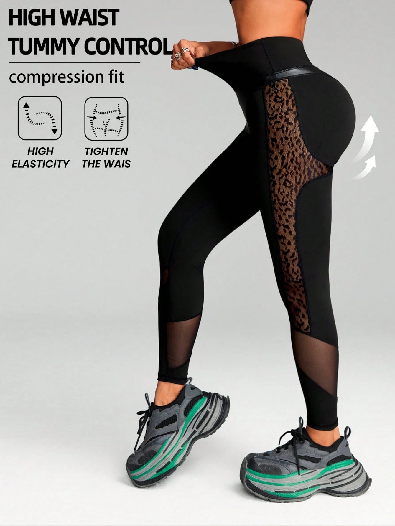 Breathable Leopard Mesh Cut Out & High Elastic Waist Sports Leggings 