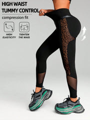 Breathable Leopard Mesh Cut Out & High Elastic Waist Sports Leggings 