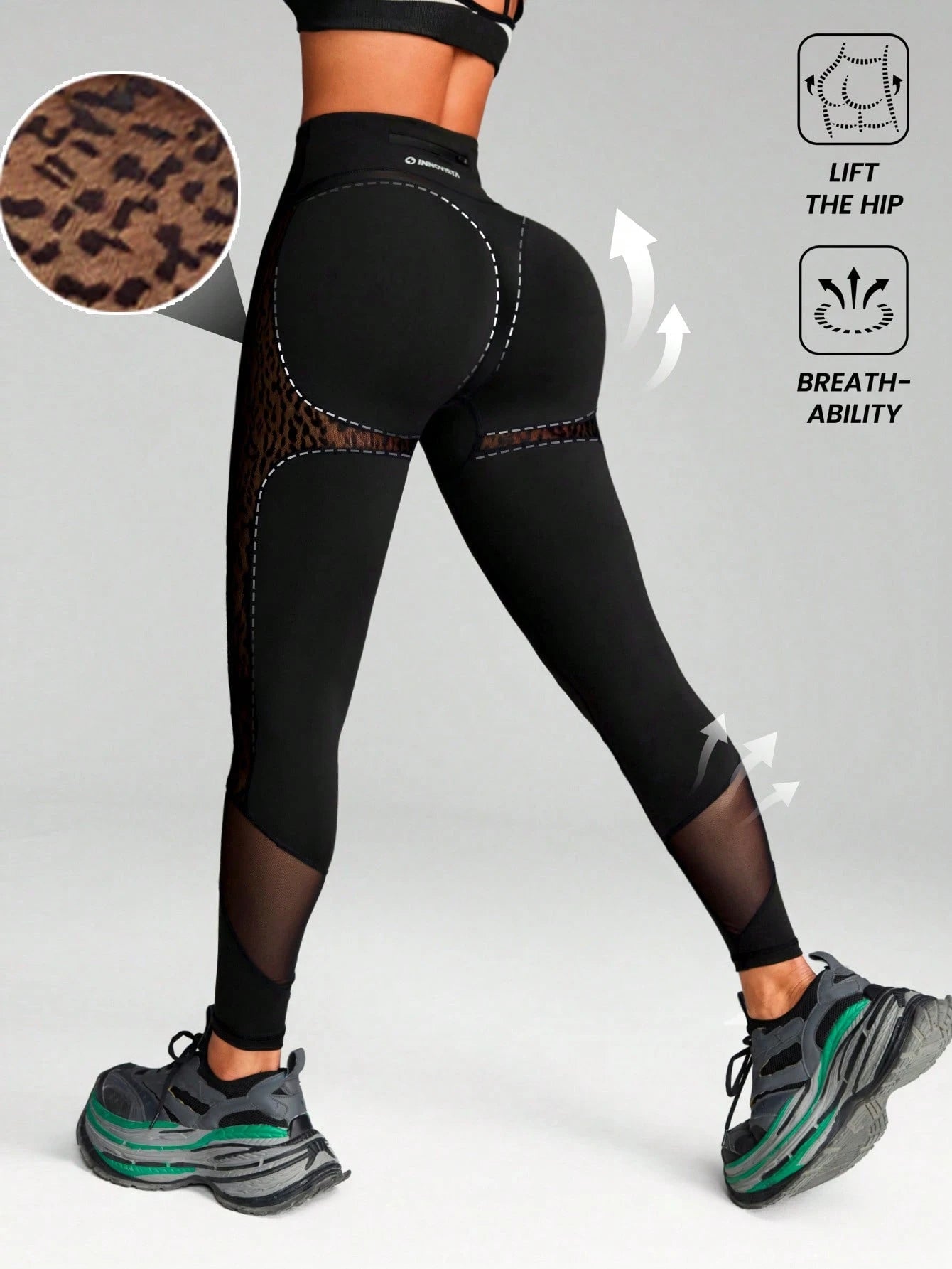 Breathable Leopard Mesh Cut Out & High Elastic Waist Sports Leggings 