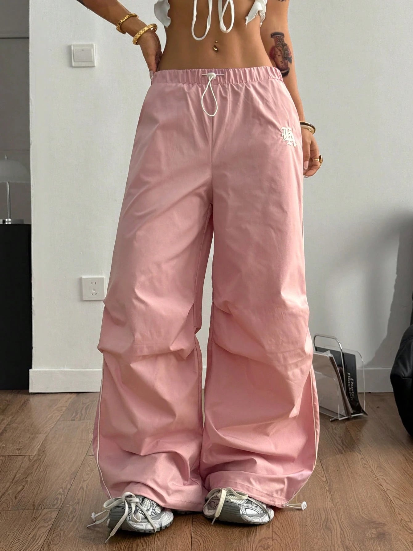 Color Block Drawstring Waist Embroidered Logo Pants