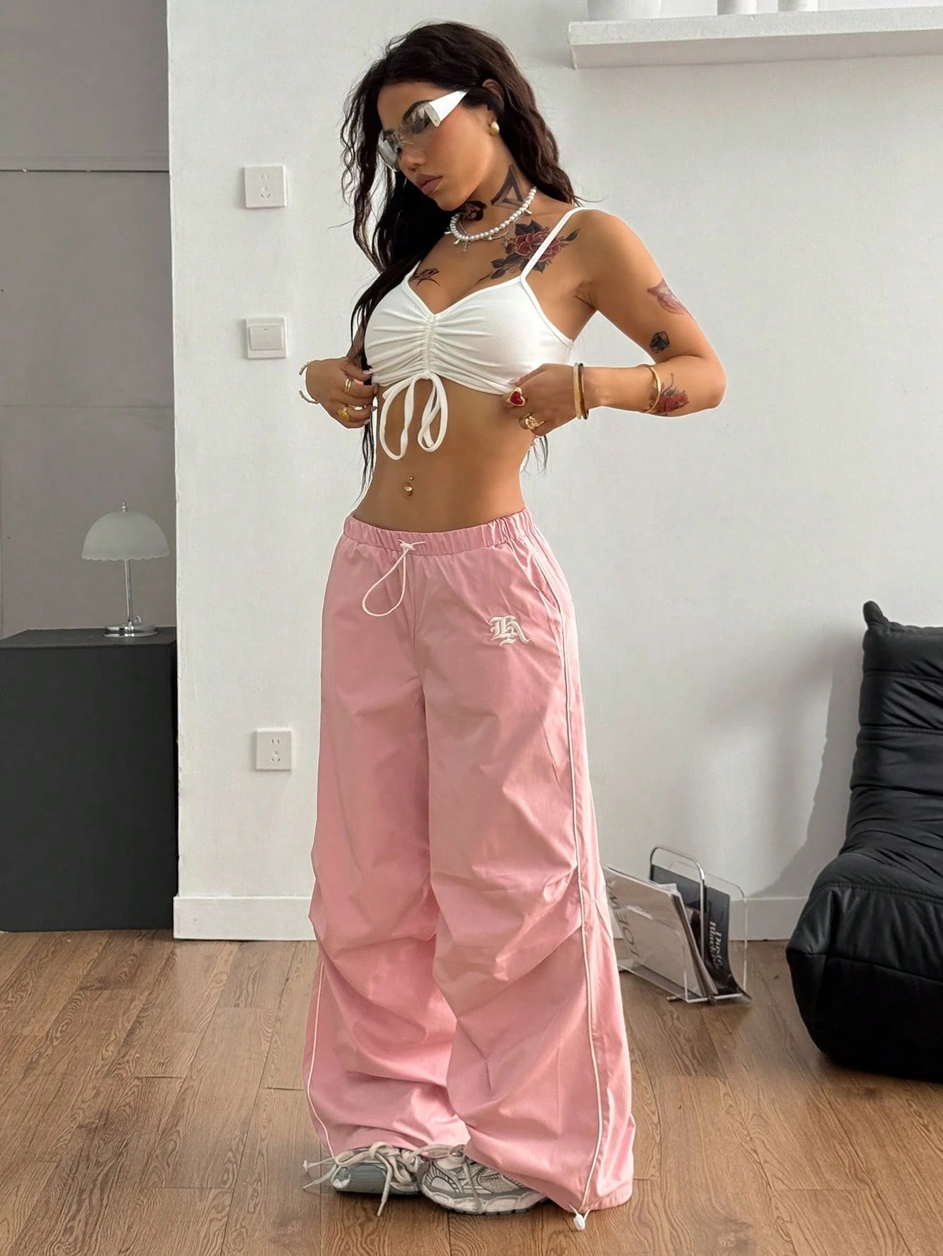 Color Block Drawstring Waist Embroidered Logo Pants