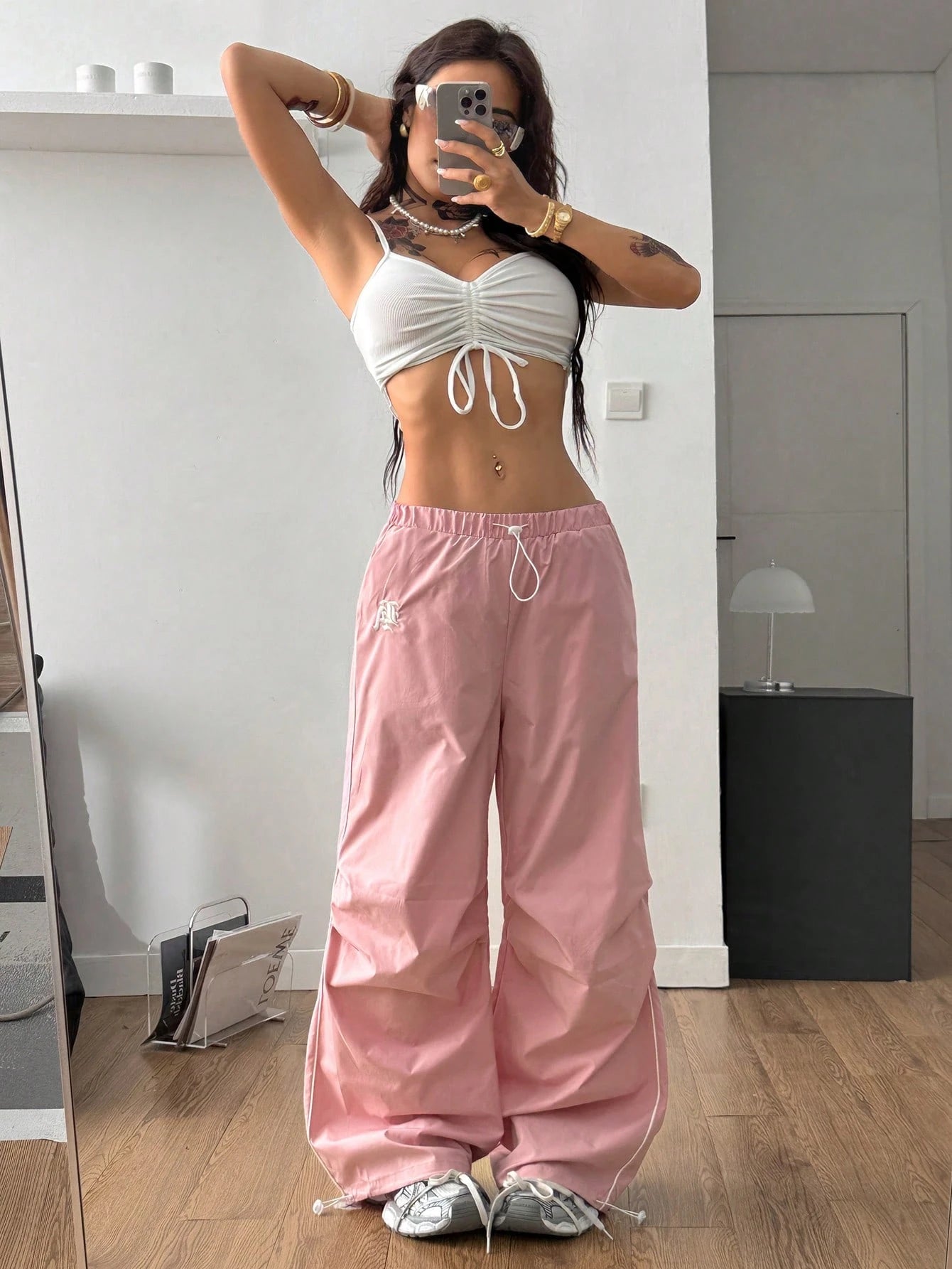 Color Block Drawstring Waist Embroidered Logo Pants