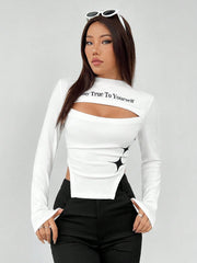 Hollow Out Asymmetric Hem T-shirt With Letter & Star Print SS24- FD