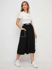 Letter Tape Waist Contrast Binding Pocket Patched Skirt SS24