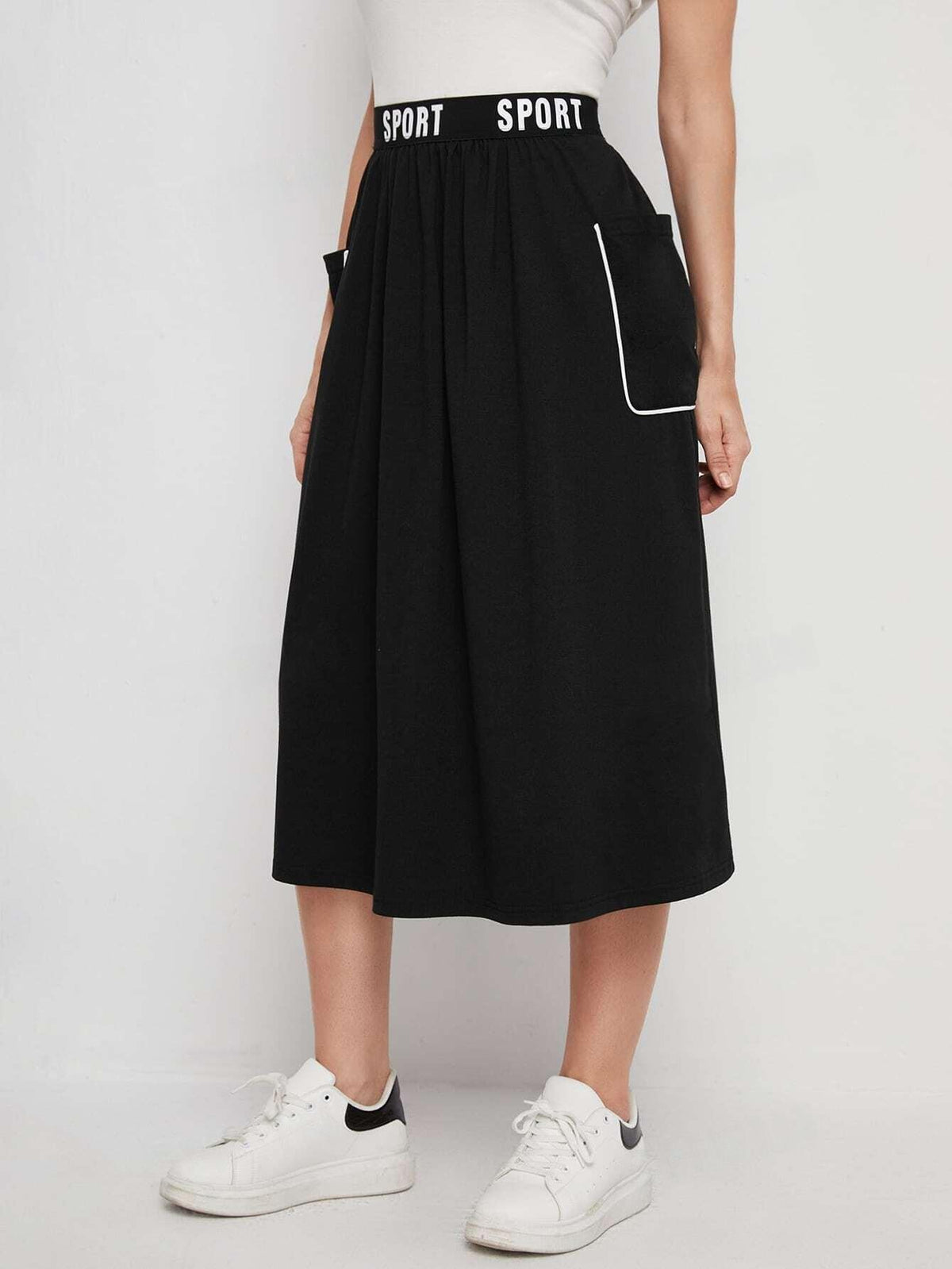 Letter Tape Waist Contrast Binding Pocket Patched Skirt SS24