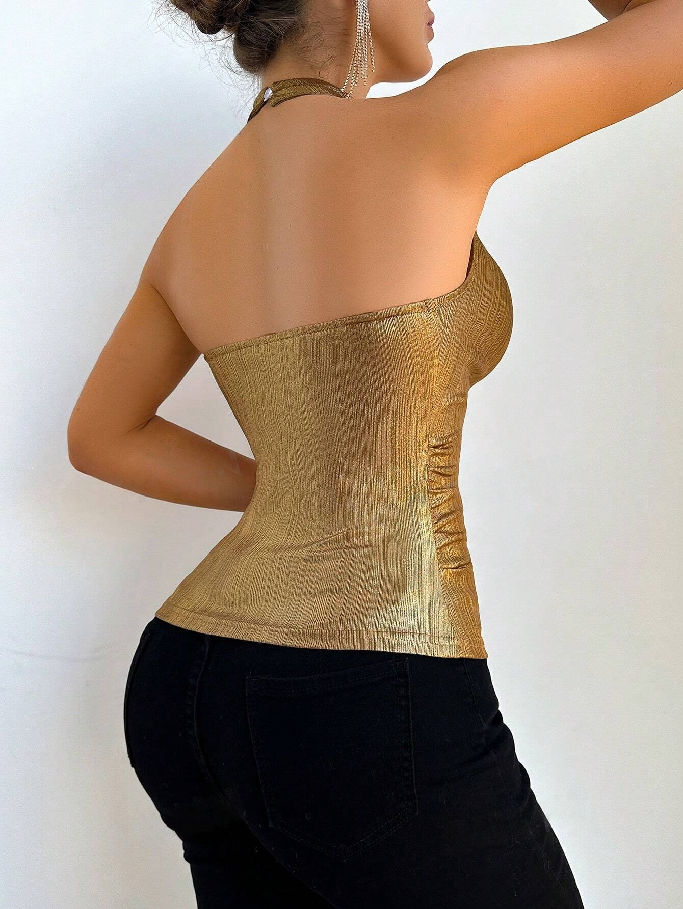 Metal Textured Lock Hole Collar Halter Neck Tank Top SS24 -FD