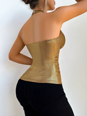 Metal Textured Lock Hole Collar Halter Neck Tank Top SS24 -FD