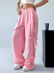 Sweet And Lovely Pink Bow Detail Knot Tie Waist Sweatpants SS24