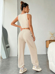 Letter Patched Detail Asymmetrical Hem Tank Top & Drawstring Waist Sweatpants SS24