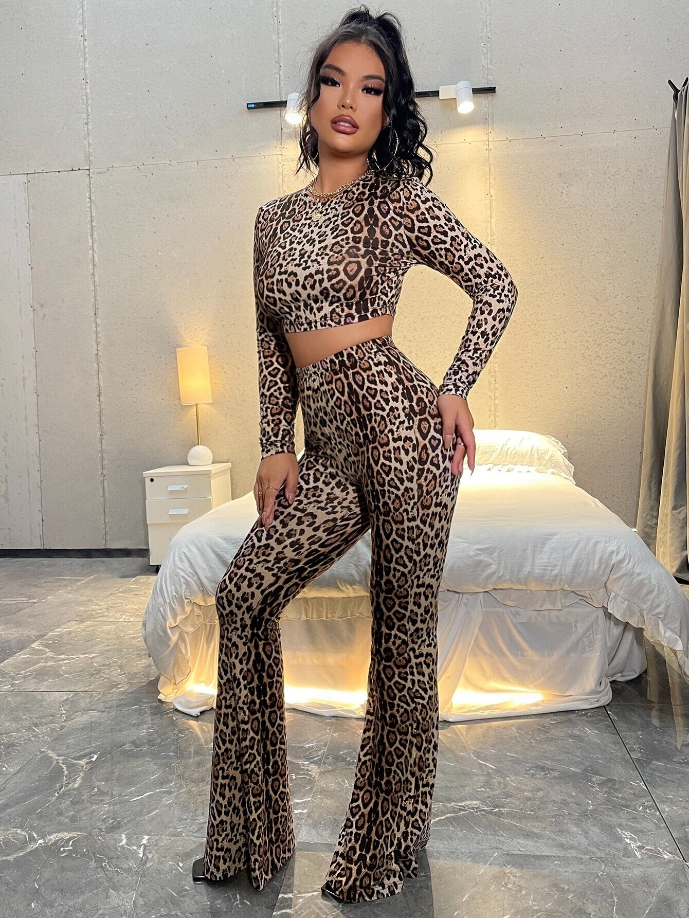 Leopard Print Crop Top & Flare Leg Pants SS24-FD