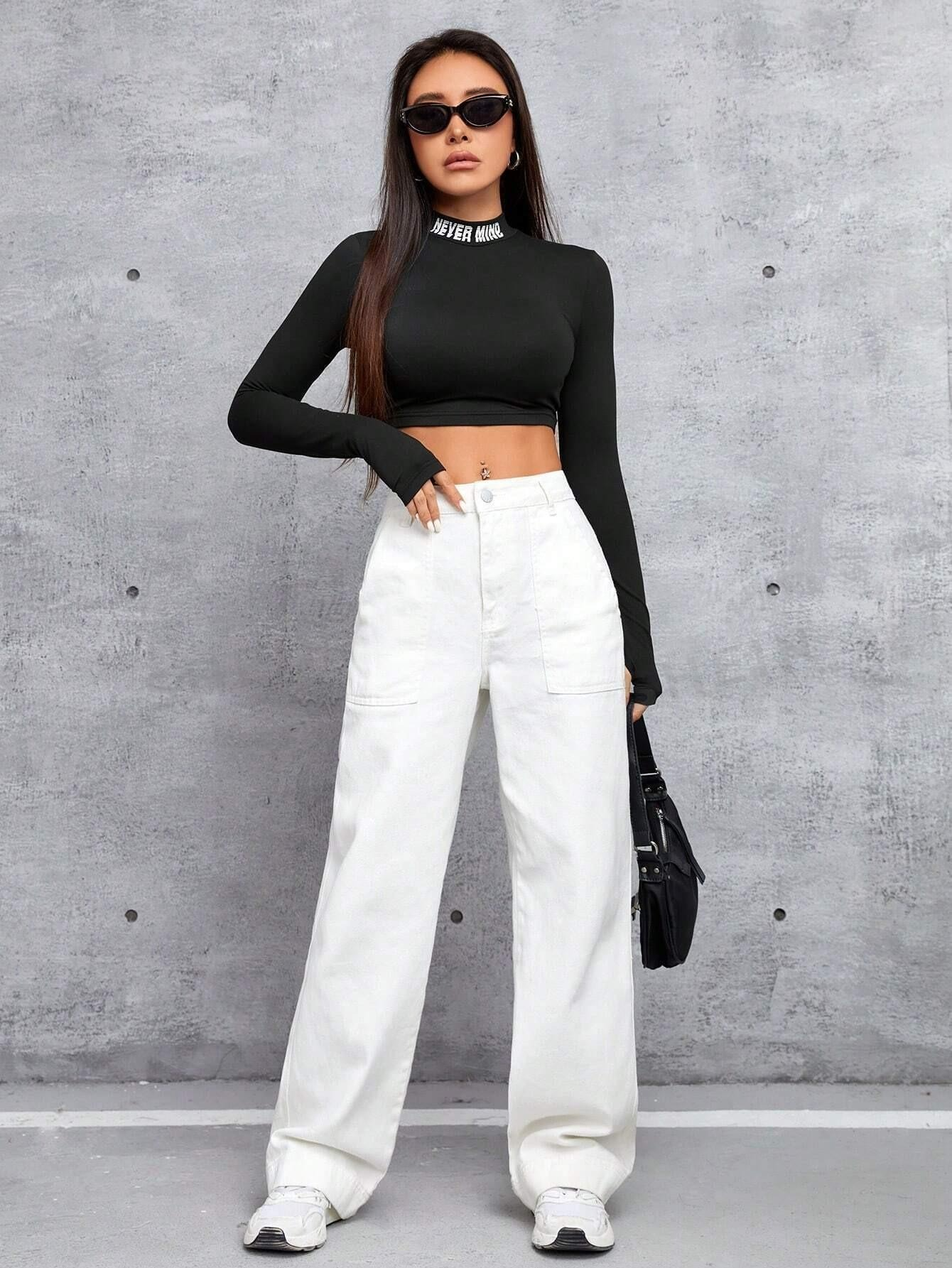 Letter Print Stand Collar Cropped T-shirt SS24- FD