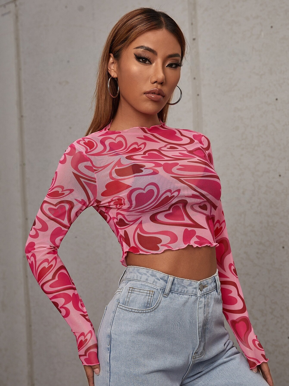 Heart Print Crop Mesh Heart Tights Top SS24 - FD