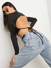 Tie Backless Crop T-shirt with Long Sleeves