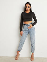 Tie Backless Crop T-shirt with Long Sleeves