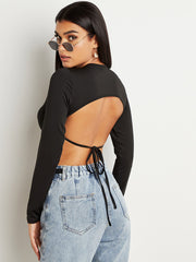 Tie Backless Crop T-shirt with Long Sleeves