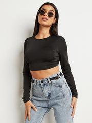 Tie Backless Crop T-shirt with Long Sleeves