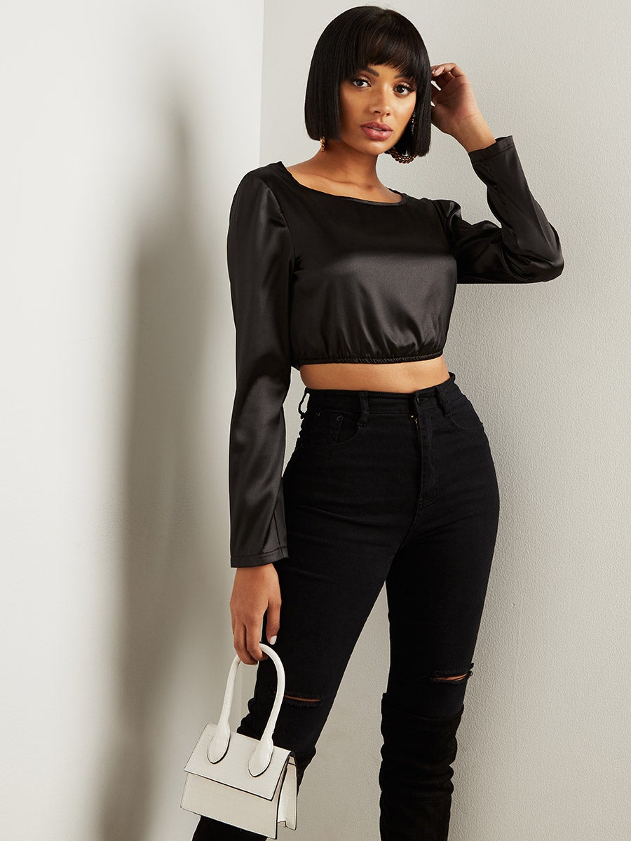 Satin Tie Waist Detail Long Sleeves Crop Top FD
