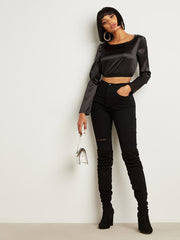 Satin Tie Waist Detail Long Sleeves Crop Top FD