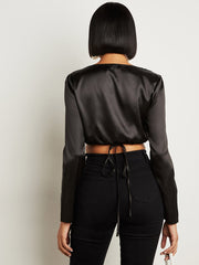 Satin Tie Waist Detail Long Sleeves Crop Top FD
