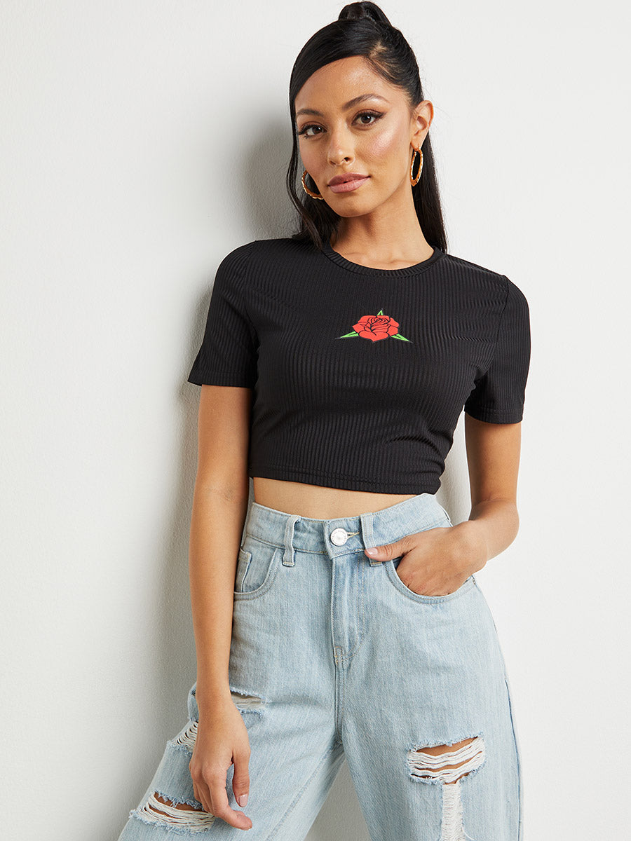 Rose Print Detail Rib Crop T-shirt