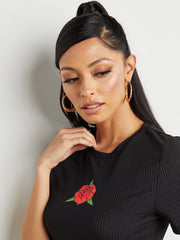 Rose Print Detail Rib Crop T-shirt